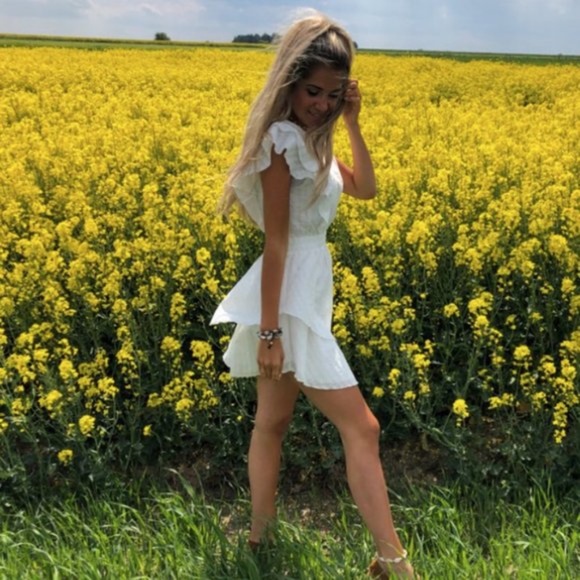 Bohemian White Ruffle Layered Mini Dress Minimalist - Picture 4 of 6